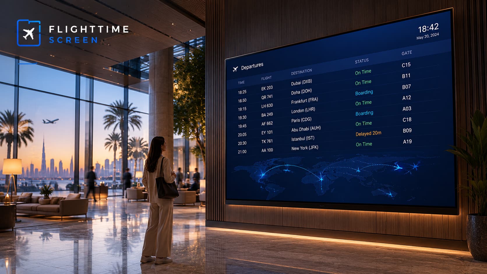 Flight Time Screen — live flight boards for hotel lobbies